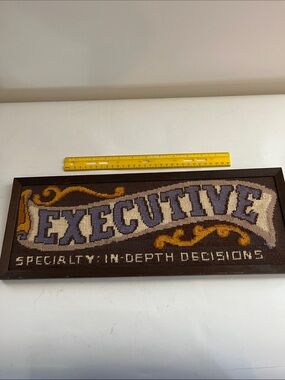 Vintage handmade needlepoint “Executive” sign for office or gallery wall